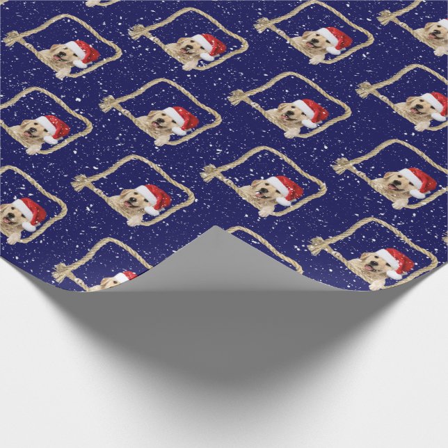 Papier Cadeau Noel Golden Retriever dans cadre de corde (Coin)