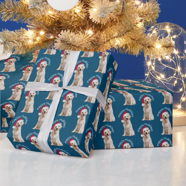 Papier Cadeau Noel Golden Retriever en bleu (Vacances)