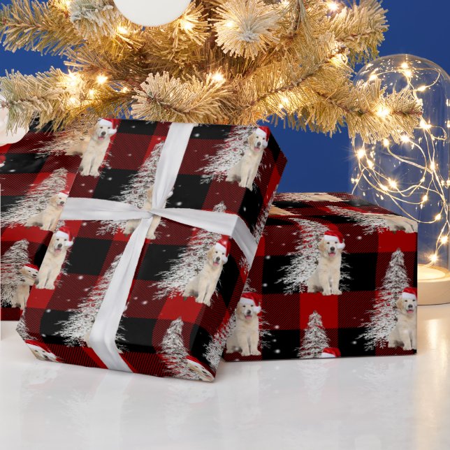 Papier Cadeau Noël Golden Retriever et l'arbre sur plaid (Vacances)