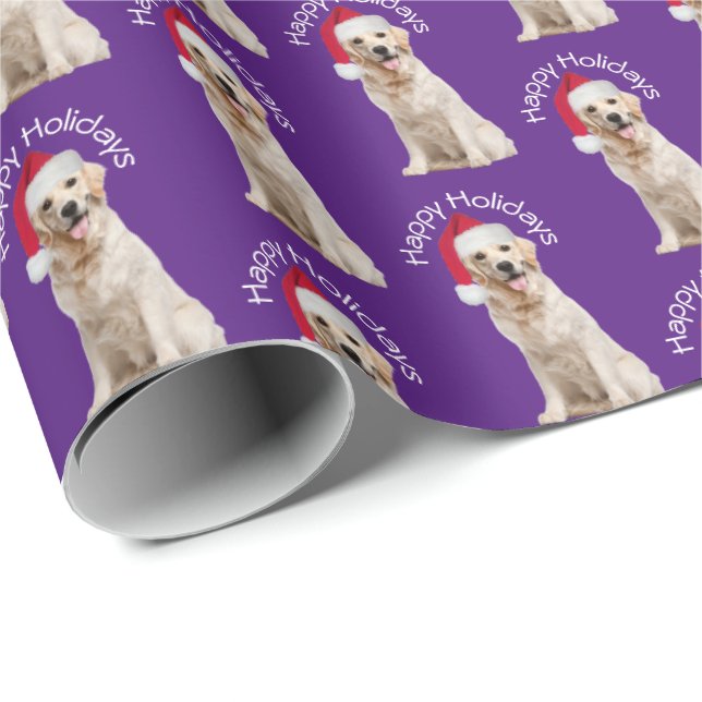 Papier Cadeau Noël Golden Retriever sur violet (Coin rond)
