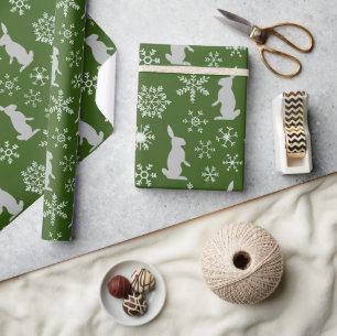 Papier Cadeau Noël Green Snowflakes et Bunnies