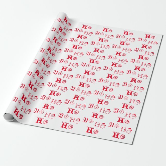 Papier Cadeau Noël Ho Ho Ho rouge et blanc motif mignon (Déroulé)