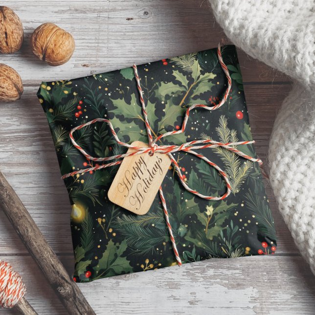 Papier Cadeau Noël Holly Dark Winter Holiday Foliing (Créateur téléchargé)