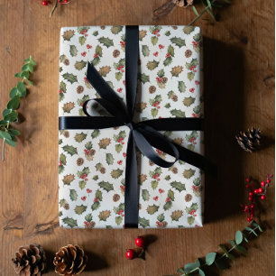 Papier Cadeau Noël holly et pin rustique