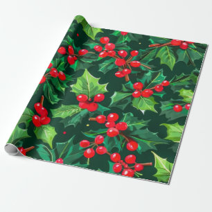 Papier Cadeau Noël Holly Feuilles et Motif Berries