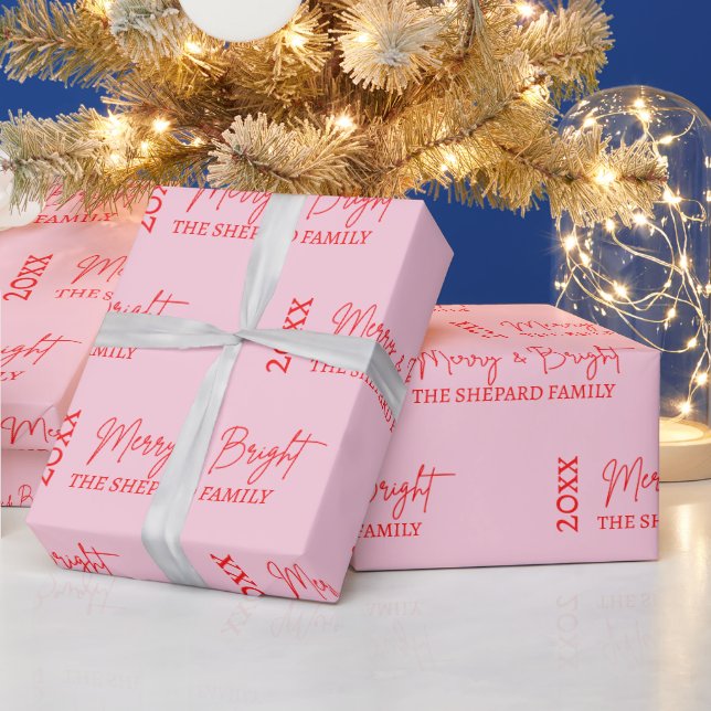 Papier Cadeau Noël Joyeux et rose rouge vif 2025 (Vacances)