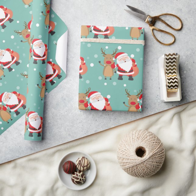 Papier Cadeau Noël Noël Noël Noël Santa Claus et Deer Mint Green (Artisanat)
