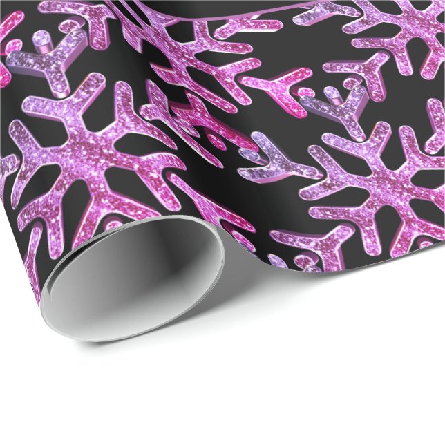 Papier Cadeau Noël noir et rose Motif des flocons de neige (Coin rond)