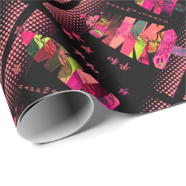 Papier Cadeau Noël noir rose de collage d'arbre (Coin rond)