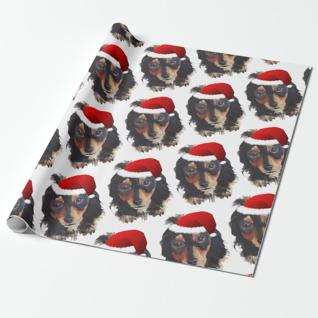 Papier Cadeau Noël noir Tan long haïr Doxie Santa Hat (Déroulé)