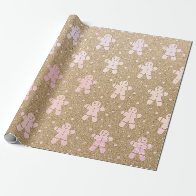 Papier Cadeau Noël Nouvel An Rose Pink Gingerbread Homme Kraft (Déroulé)