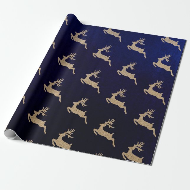 Papier Cadeau Noël Nouvel An Vip Carton Cerf Bleu Marine (Déroulé)