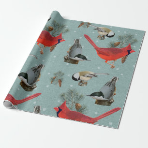 Papier Cadeau Noël Oiseau Cardinal Nuthatch Chickadee Neige