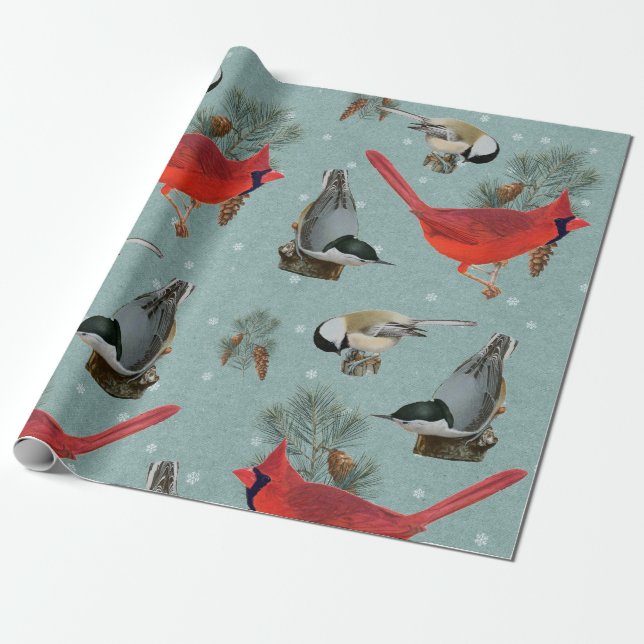 Papier Cadeau Noël Oiseau Cardinal Nuthatch Chickadee Neige (Déroulé)