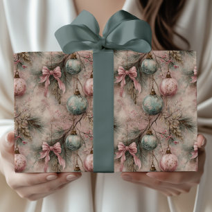 Papier Cadeau Noël Ornement Rose & Vert Aquarelle Vintage
