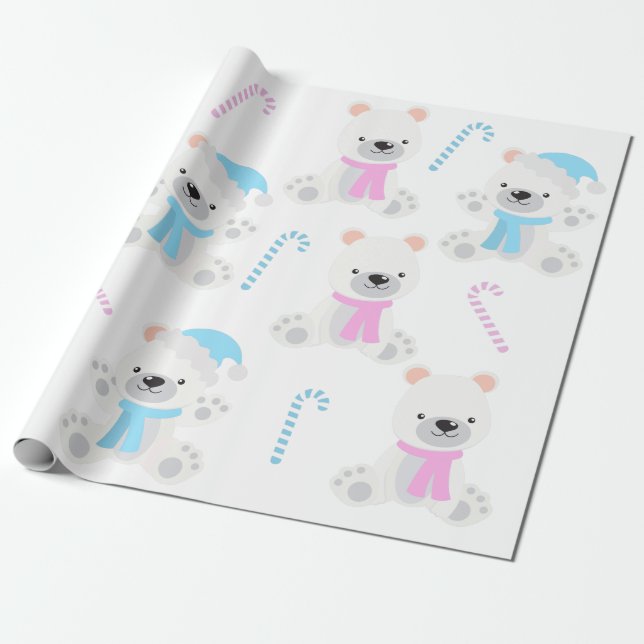 Papier Cadeau Noël Ours polaire bleu rose Fête de la révélation  (Déroulé)