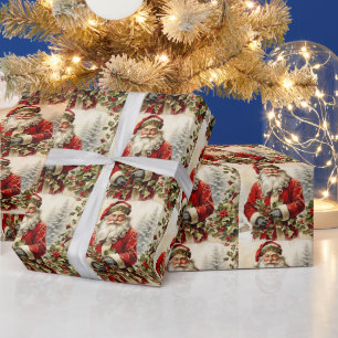 Papier Cadeau Noël Père Noël avec Holly Berry