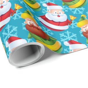 Papier Cadeau Noël Père Noël et ami avec Flambeau de neige