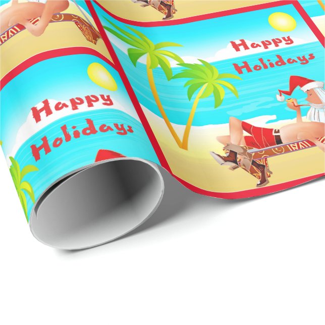 Papier Cadeau Noël Père Noël on Beach (Coin rond)