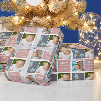 Papier Cadeau Noël Personnalisé Holly Grey Carrés roses