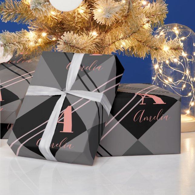Papier Cadeau Noël Personnalisé Plaid Grey noir rose (Vacances)