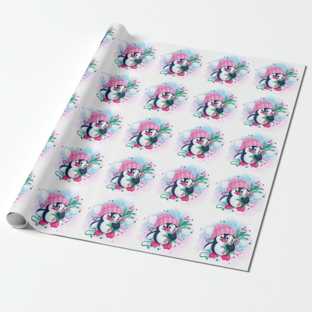 Papier Cadeau Noël Pinguin rose Casquette Aquarelle vacances (Déroulé)