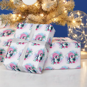 Papier Cadeau Noël Pinguin rose Casquette Aquarelle vacances