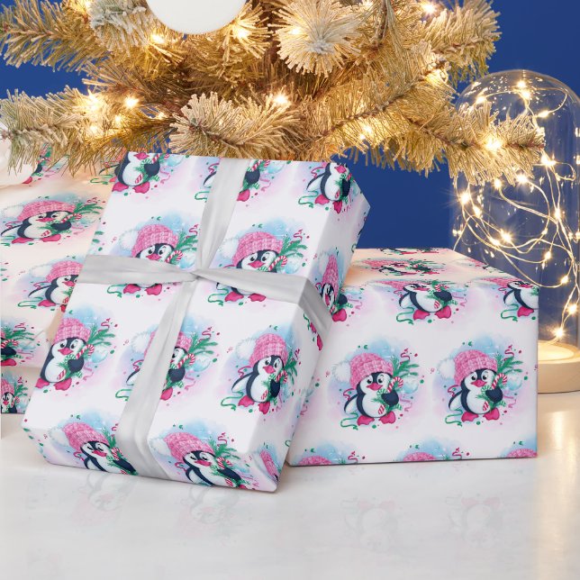 Papier Cadeau Noël Pinguin rose Casquette Aquarelle vacances (Vacances)