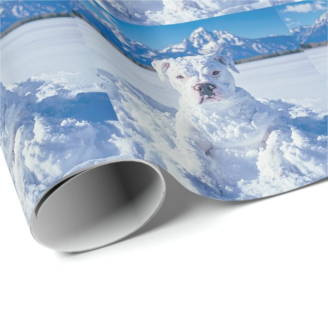 Papier Cadeau Noël Pitbull Chien Snowman (Coin rond)