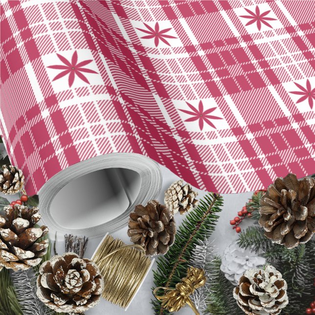 Papier Cadeau Noël Plaid - Rouge et blanc avec Poinsettia (Christmas Plaid - Red and White with Poinsettia Wrapping Paper Roll by Leapfroglisics Shop)
