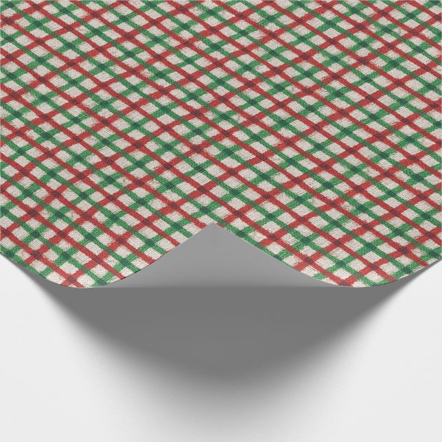 Papier Cadeau Noël Plaid Rouge Vert Faux Burlap Rustique (Coin)