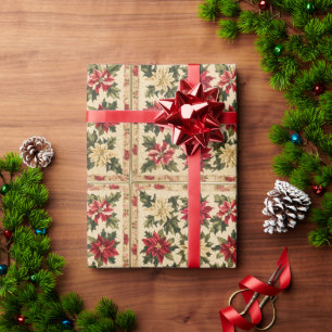Papier Cadeau Noël Poinsettia Motif Avec Rouge Et Or