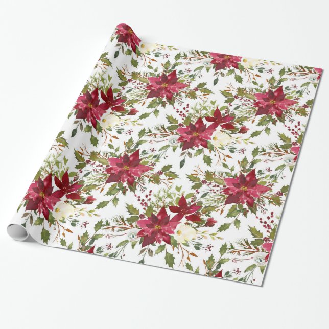 Papier Cadeau Noël Poinsettia Rouge Élégant Vacances Florales (Déroulé)