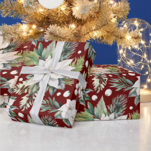 Papier Cadeau Noël Poinsettia Rouge foncé Blanc Vert Vintage