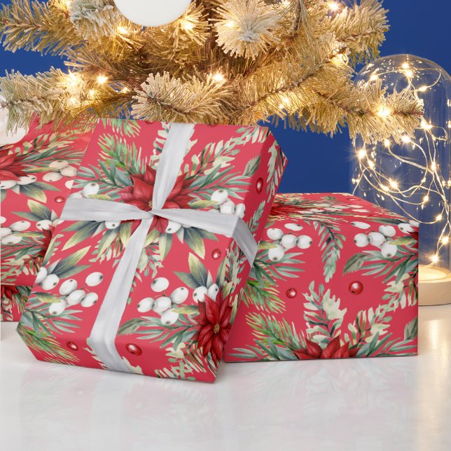 Papier Cadeau Noël Poinsettia Rouge Vert Classique Élégant (Vacances)