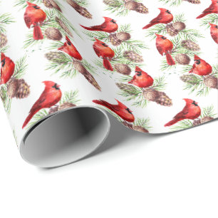 Papier Cadeau Noël Red Cardinal Birds Holly Berry Branch