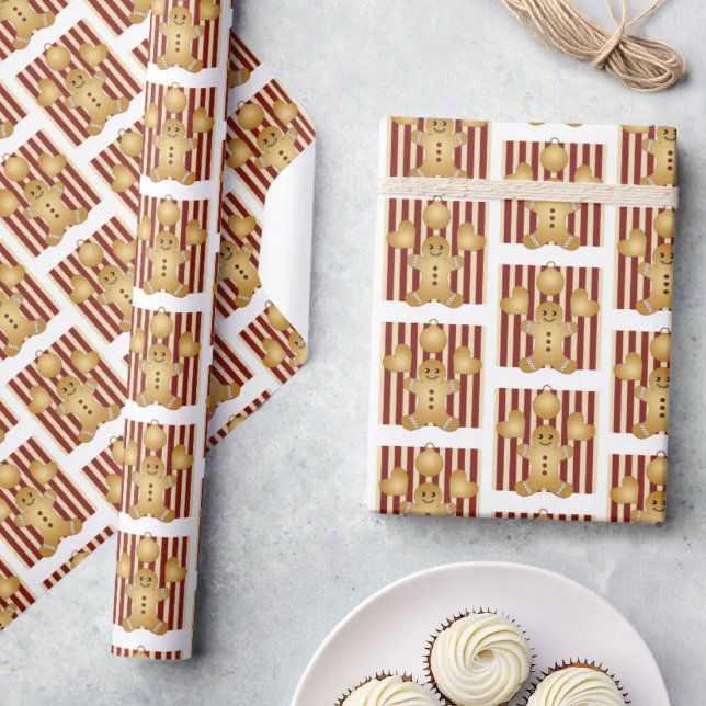 Papier Cadeau Noël Red Stripe mignonne Gingerbread Homme (Créateur téléchargé)