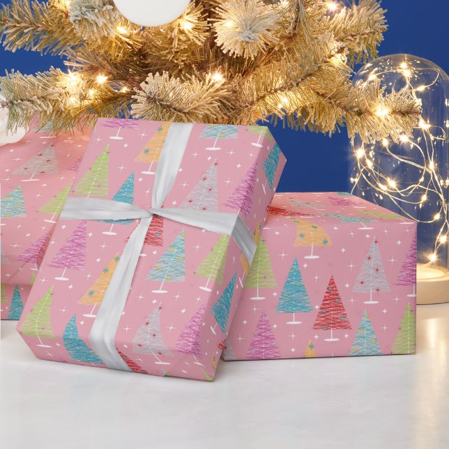 Papier Cadeau Noël rétro Arbres rose Noël (Vacances)