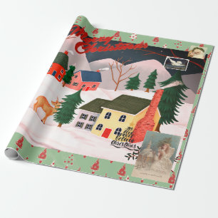 Papier Cadeau NOËL RETRO VILLAGE D'HIVER Papier d'enveloppement