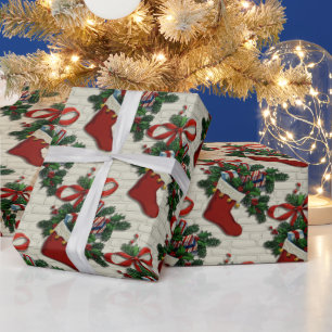 Papier Cadeau Noël Rétro Vintage : Bas rouges sur brique