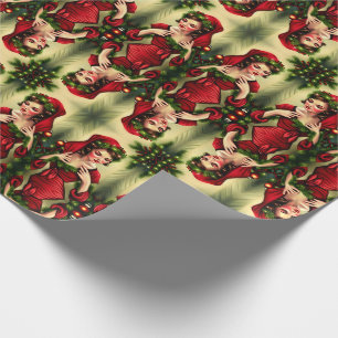 Papier Cadeau Noël Rétro Vintage Fille Femme Elfe Rouge Classiqu