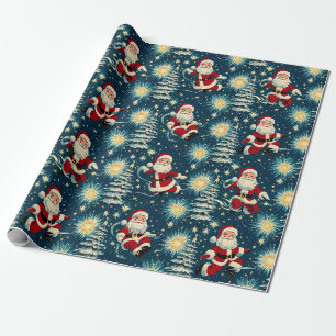 Papier Cadeau Noël Rétro Vintage : Père Noël Starry Night