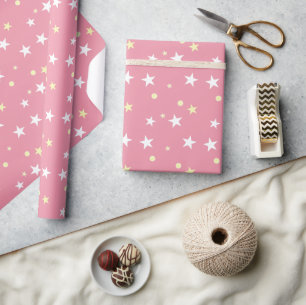 Papier Cadeau Noël rose blanc et jaune étoiles