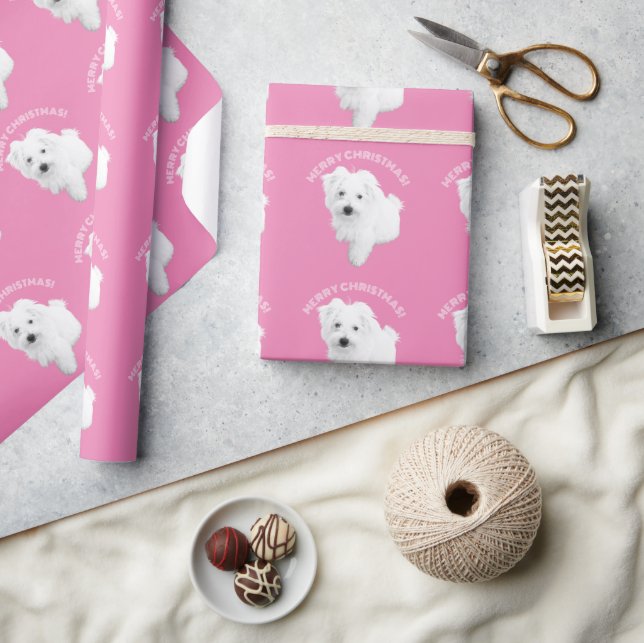 Papier Cadeau Noël rose chien chiot maltais le plus mignon (Artisanat)