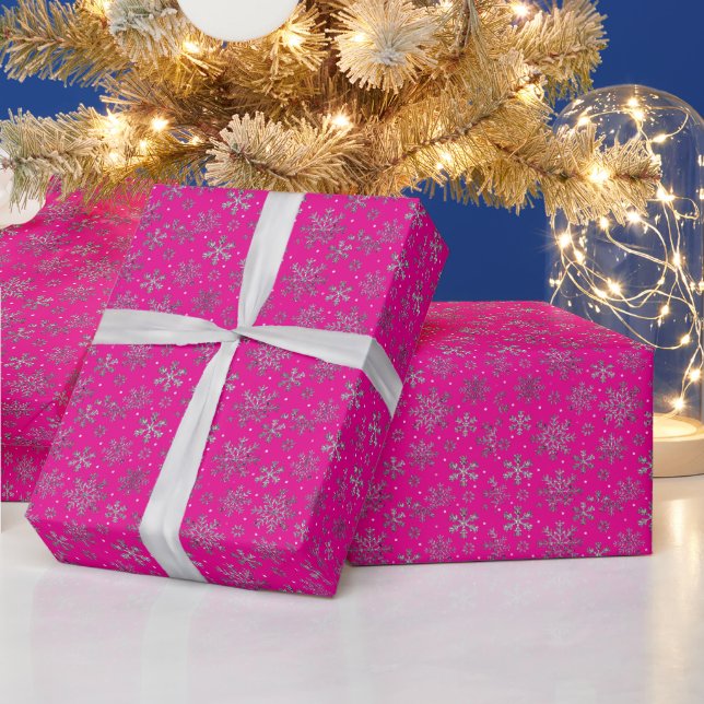 Papier Cadeau Noël rose élégant avec des flocons de neige élégan (Vacances)