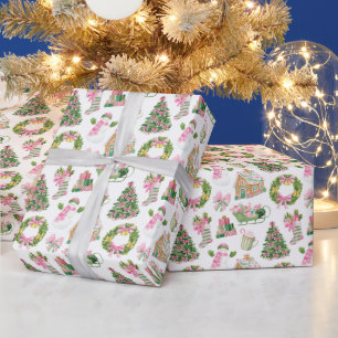 Papier Cadeau Noël rose et vert Preppy