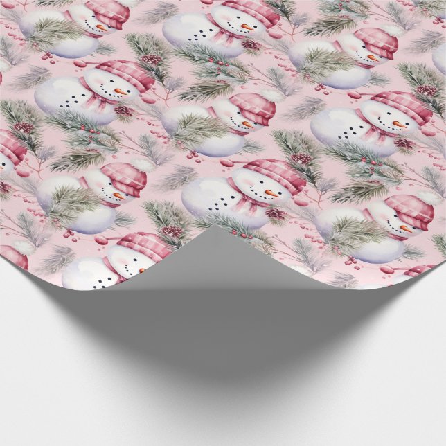 Papier Cadeau Noël rose mignon Snowmen & Greenery (Coin)