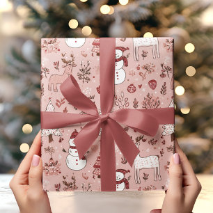 Papier Cadeau Noël Rose Pâle Renne & Bonhomme de Neige