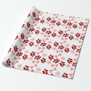 Papier Cadeau Noël Rose Rouge Chien Chat Pattes Os Flocons de Ne
