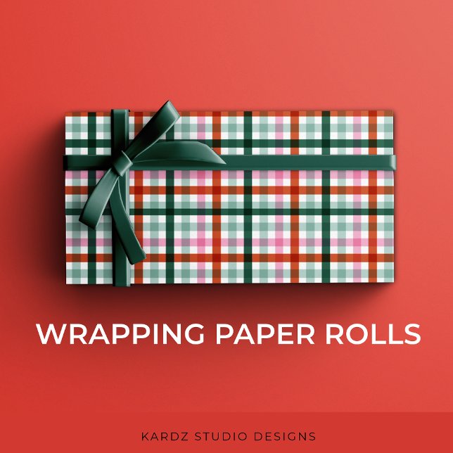 Papier Cadeau Noël rose rouge En vichy (Modern Gingham Christmas gift-wrapping roll, with pink, red, and green a trendy holiday pattern.)